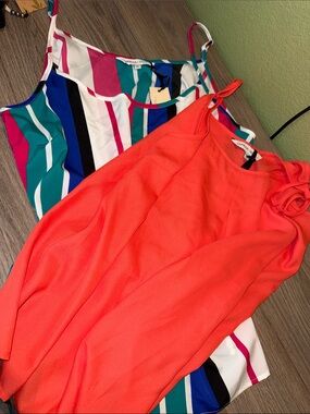 2 Tops Bright Coral Top with Striped Blue Multi Top
